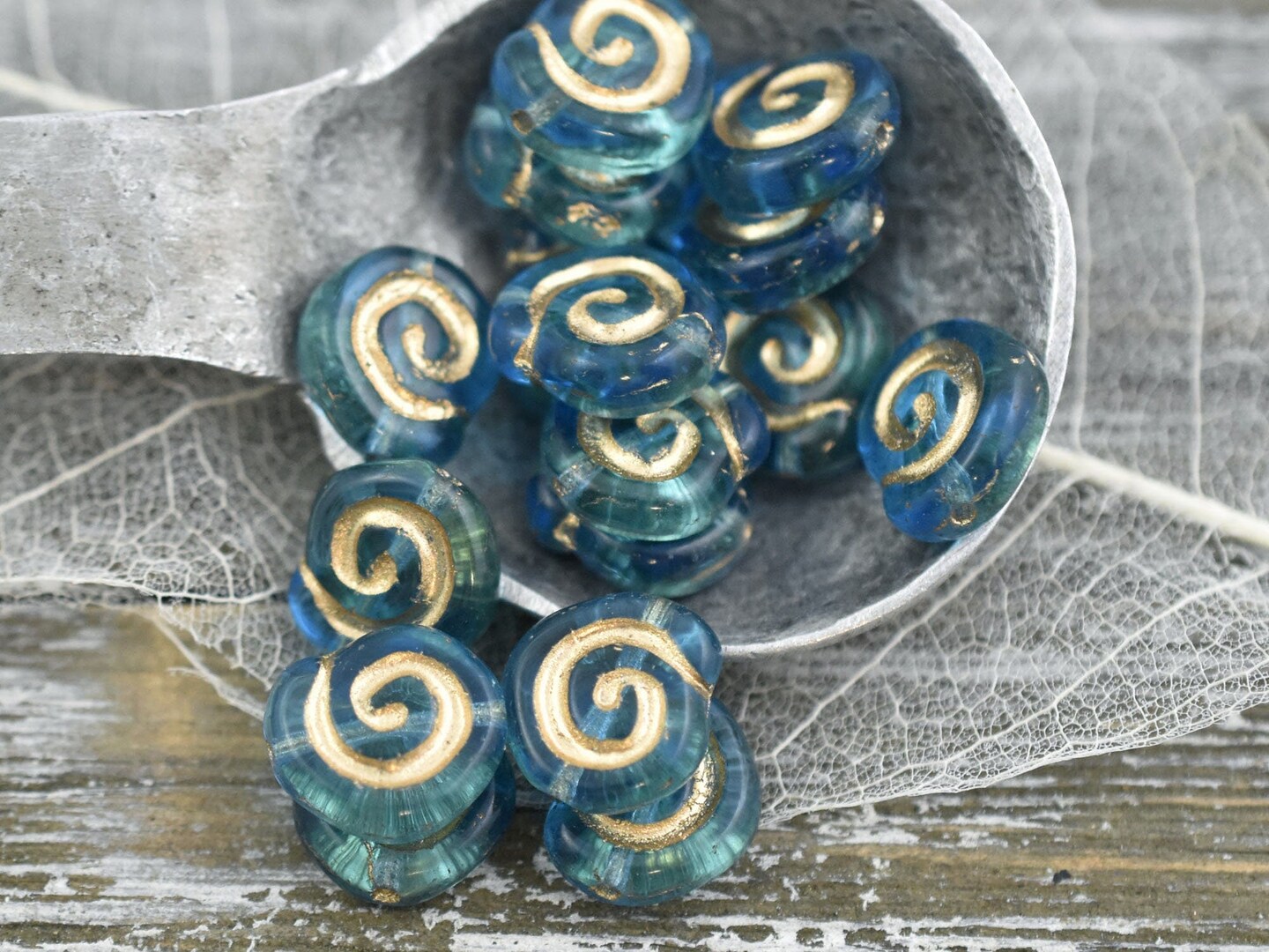 *10* 12mm Gold Washed Aqua Jelly Roll Beads