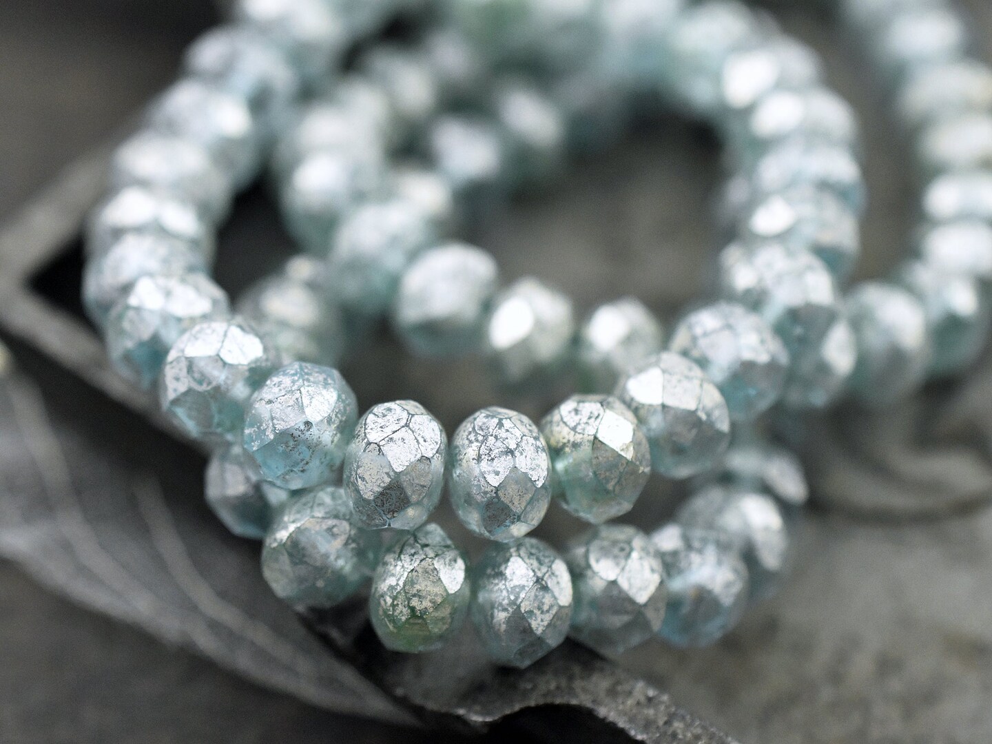 *25* 6x8mm Silver Mercury Washed Blue Aqua Fire Polished Rondelle Beads