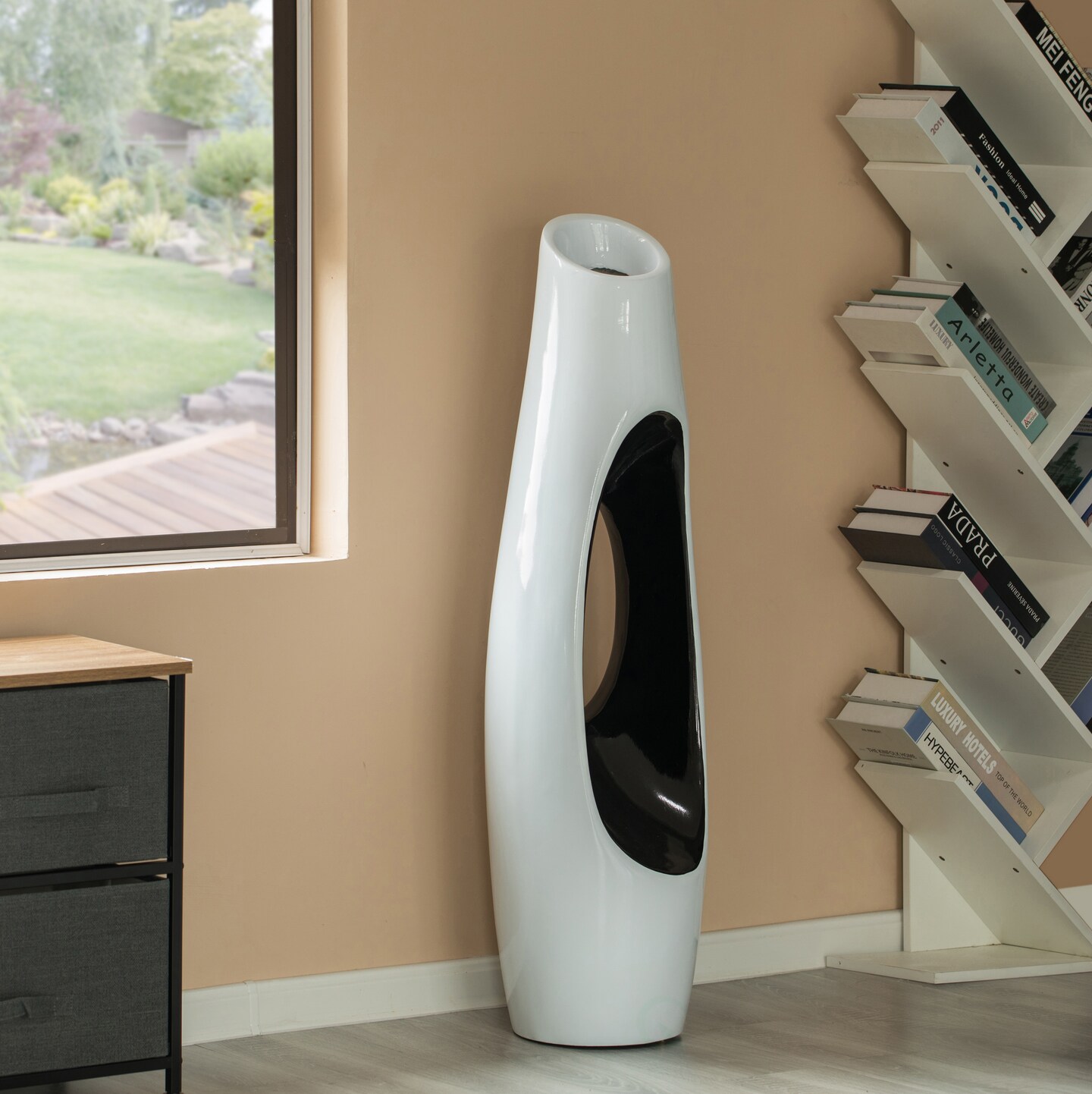 Modern Unique Design White Floor Flower Vase with Black Interior, for Living Room, Entryway or Dining Room, 43 inch