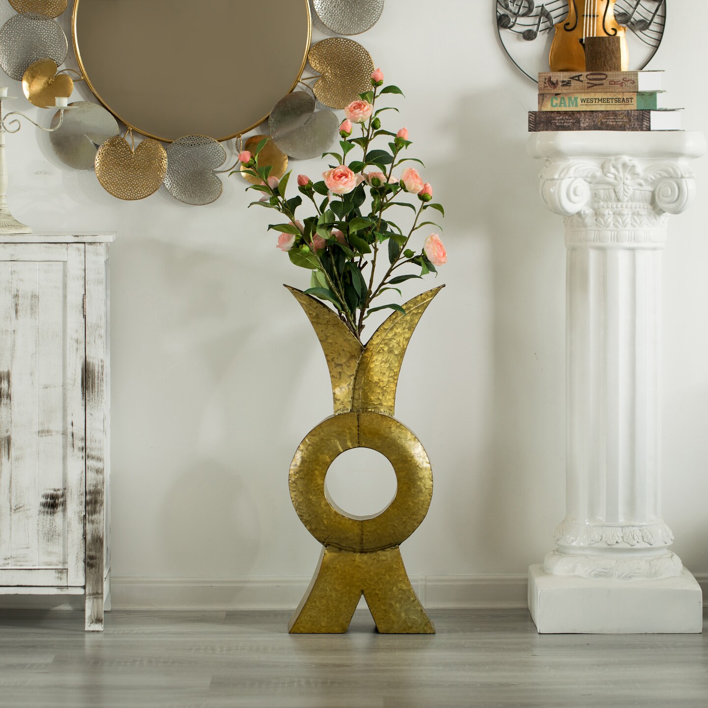 Unique Style Galvanized Gold Metal Design Large Floor Vase for Entryway, Living Room or Dining Room, 28 inTall Rustic Iron Home Decor Accent with Distressed Finish - Vase for Flowers, Branches, or Greenery