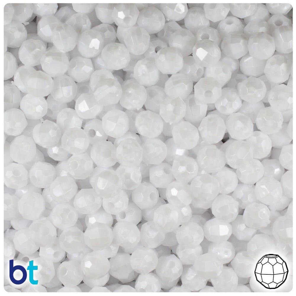 BeadTin White Pearl 6mm Faceted Round Plastic Craft Beads (600pcs)