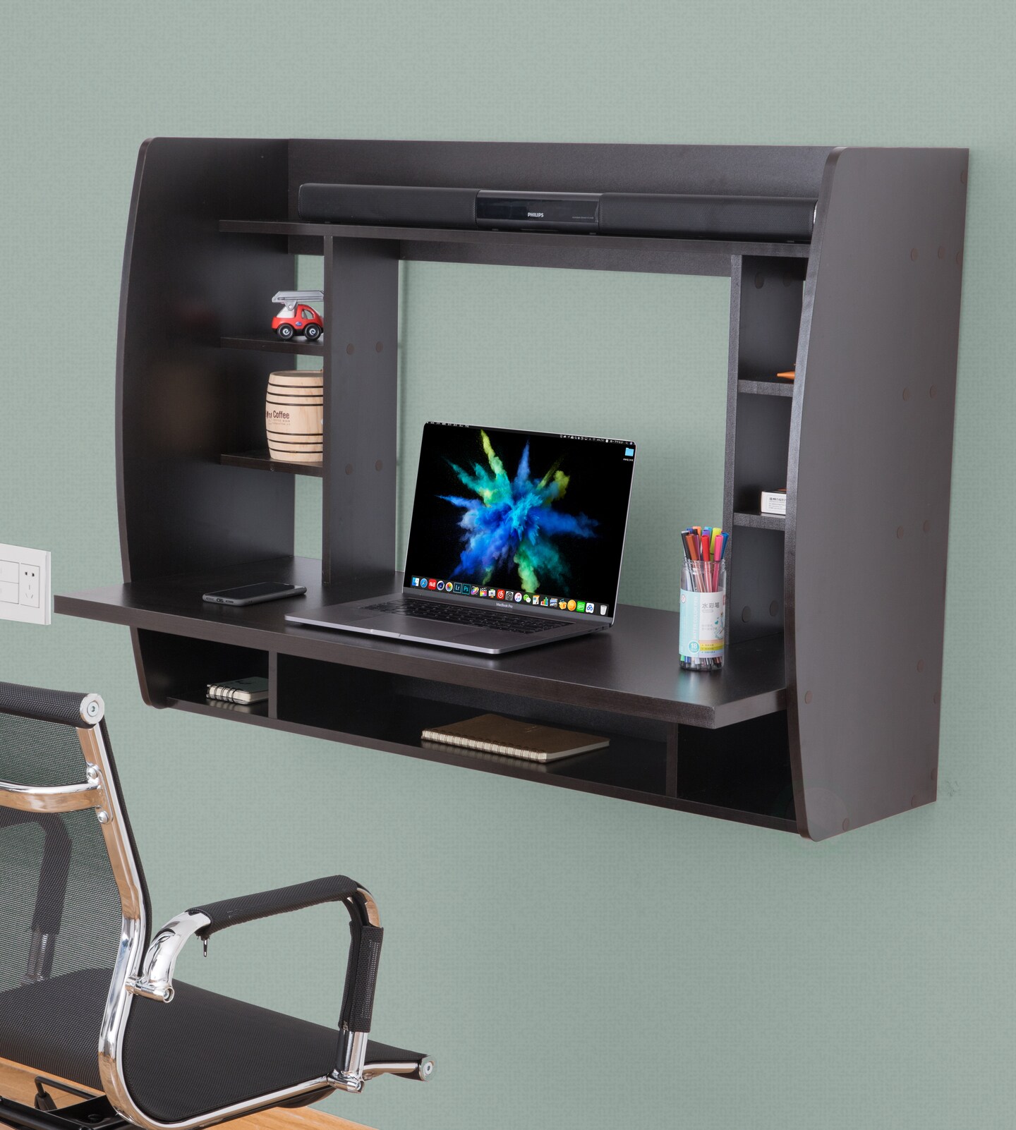 Versatile Wall Mount Floating Computer Desk - Stylish and Space-Saving Writing Study Table with Shelves - Ideal for Living Room, Bedroom, and Home Office