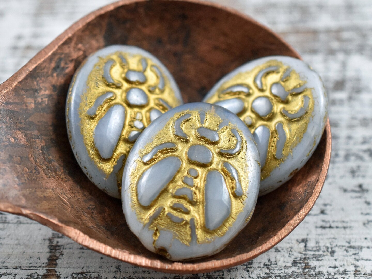 *2* 22x18mm Gold Washed Grey Silk Bumblebee Oval Beads