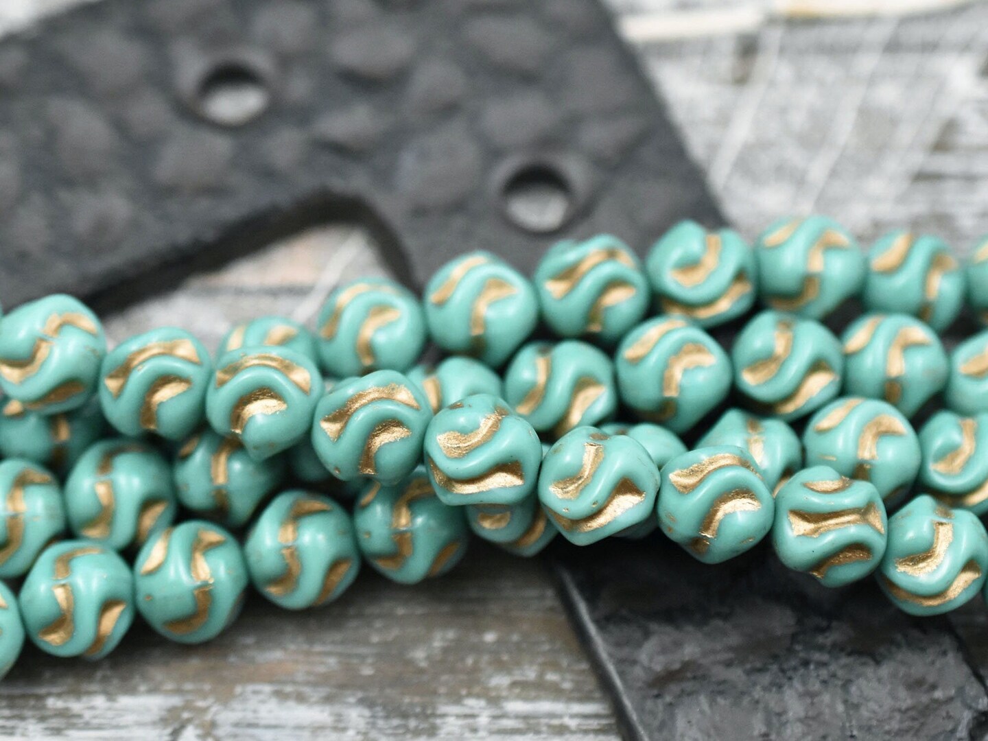 *15* 8mm Gold Washed Opaque Turquoise Round Love Knot Beads