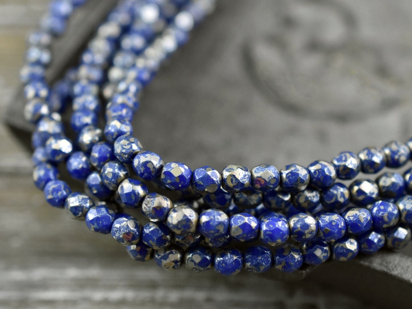 *50* 4mm Opaque Cobalt Silver Picasso Fire Polished Round Beads