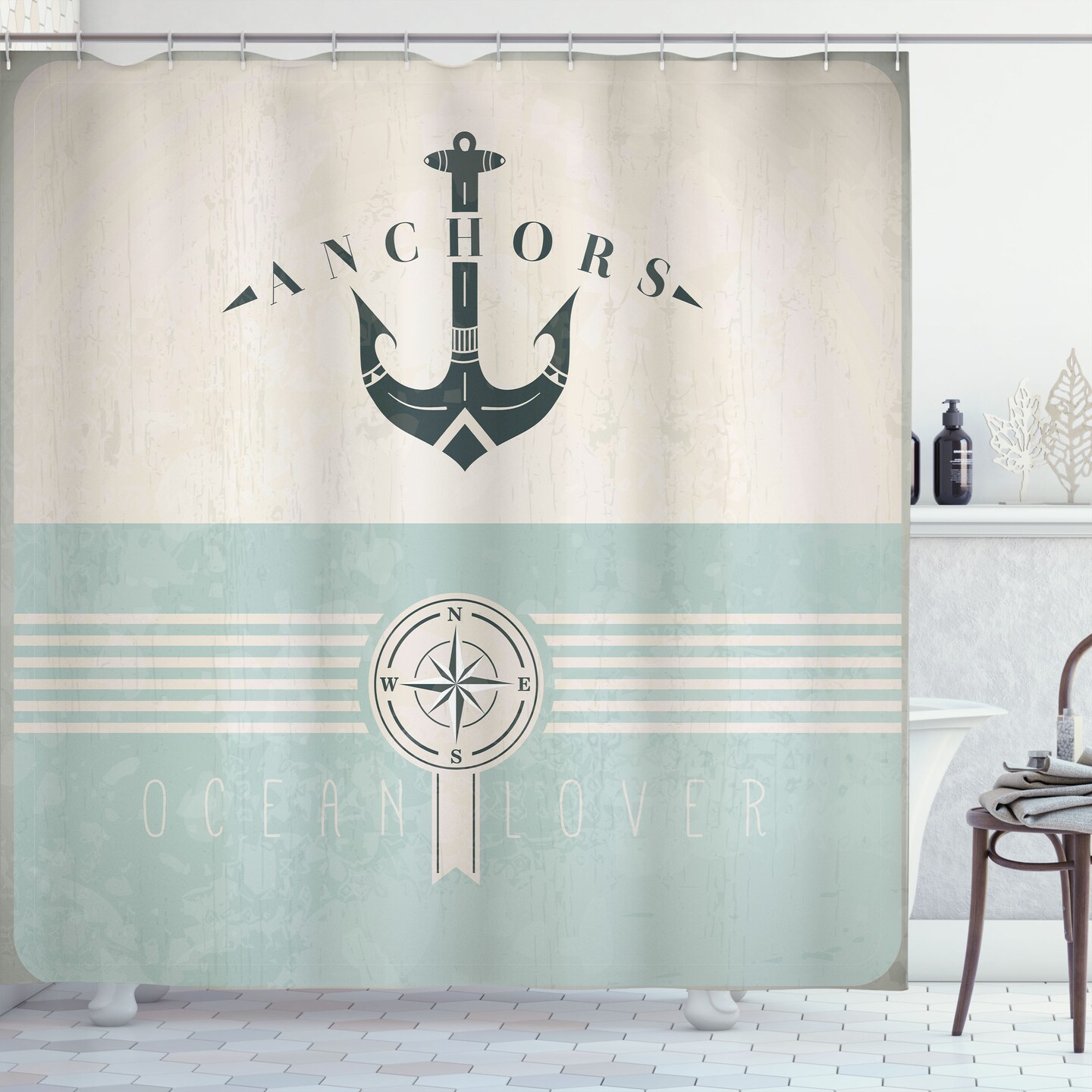 Ambesonne Nautical Shower Curtain, Vintage Marine Design for Ocean Lovers Anchor on Compass and Stripes Sailing Coastal Theme, Cloth Fabric Bathroom Decor Set with Hooks, 69" W x 70" L Beige Turquoise