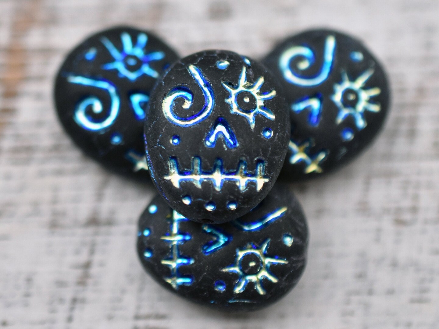 *4* 15x13mm Blue Metallic Washed Matte Black Voodoo Face Beads