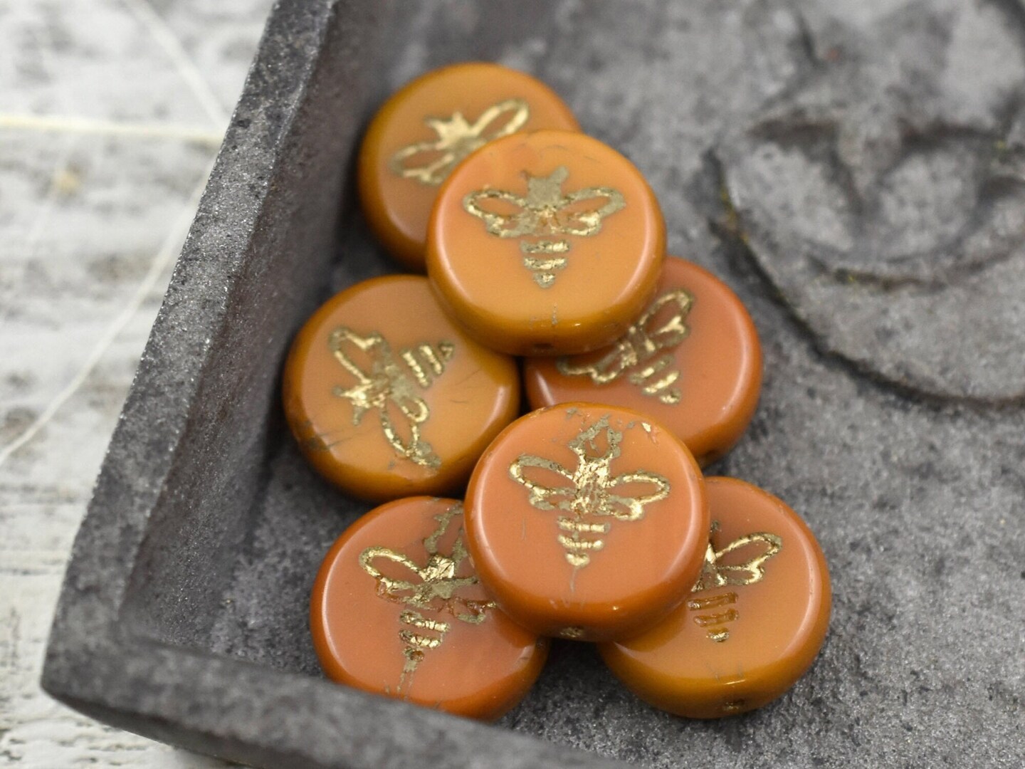*12* 12mm Gold Washed Opaque Mustard Bee Coin Beads