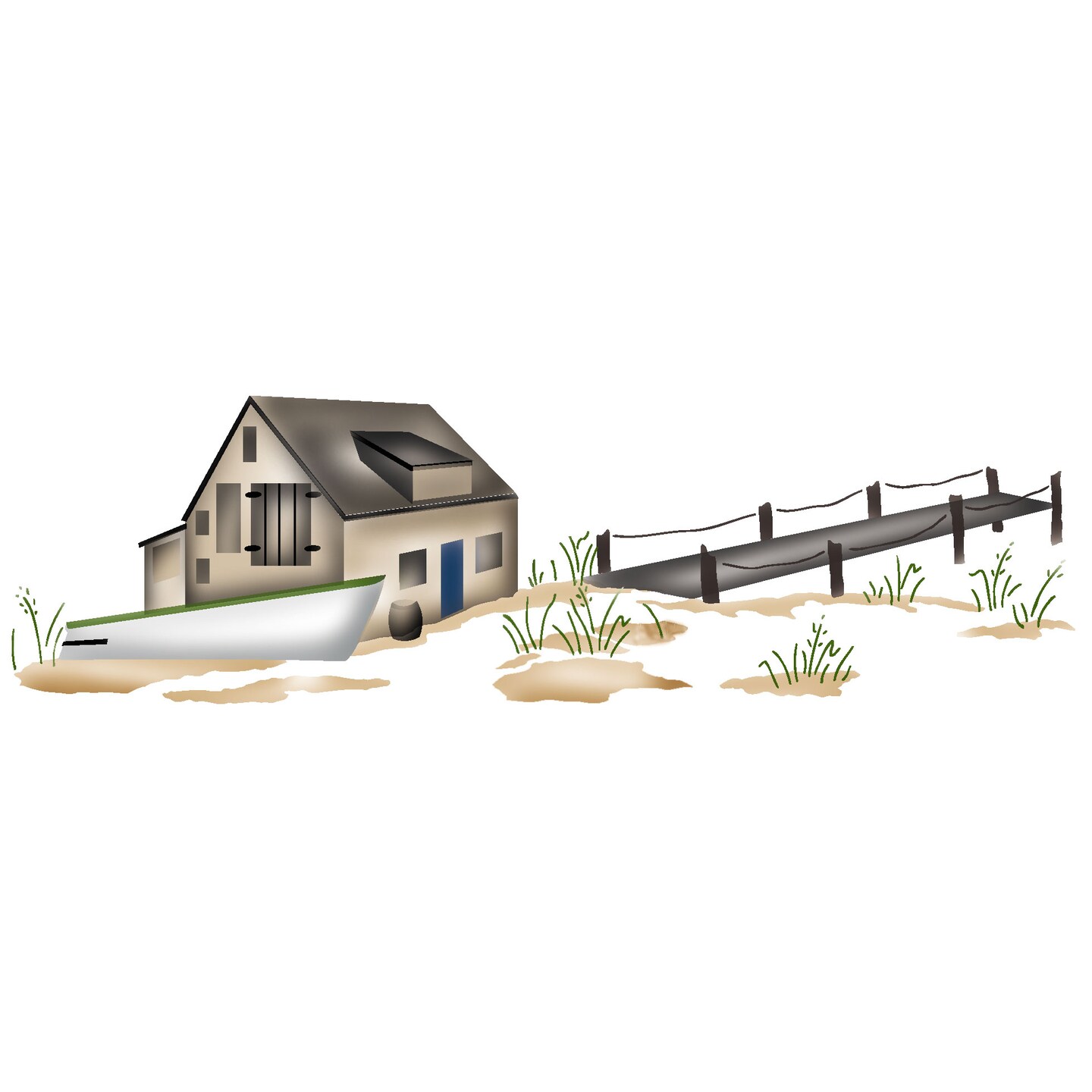 Pier Scene with Fishing Shack Wall Stencil | 2661 by Designer Stencils | Outdoor Stencils | Reusable Art Craft Stencils for Painting on Walls, Canvas, Wood | Reusable Plastic Paint Stencil for Home Makeover | Easy to Use &#x26; Clean Art Stencil