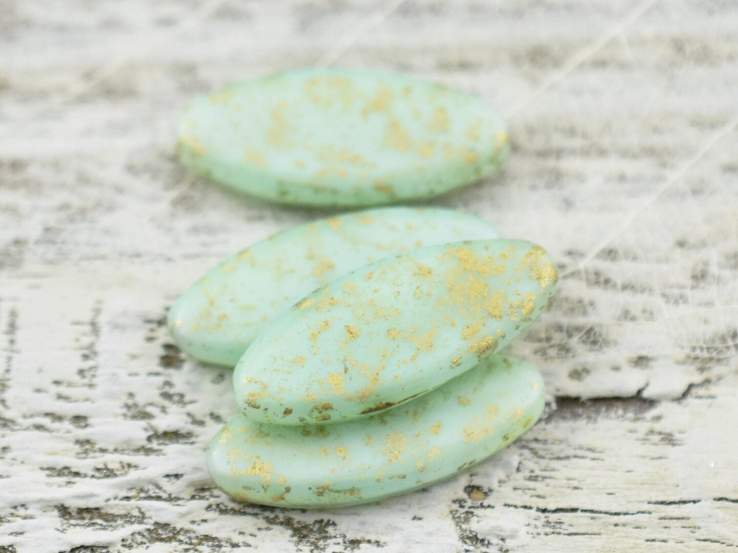 *4* 20x8mm Gold Washed Matte Mint Green Spindle Beads