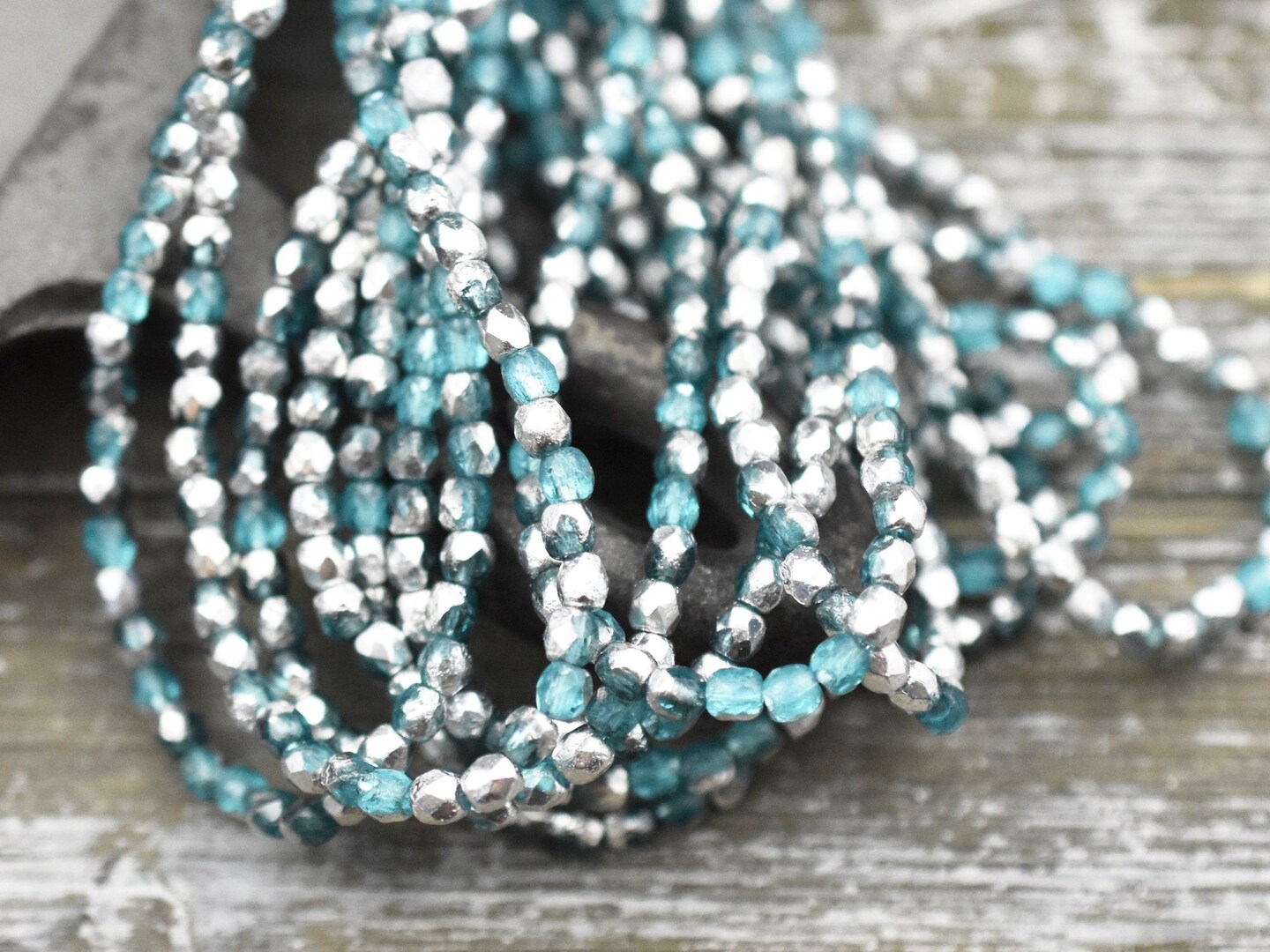 *50* 3mm Silver Washed Etched Teal Fire Polished Round Beads