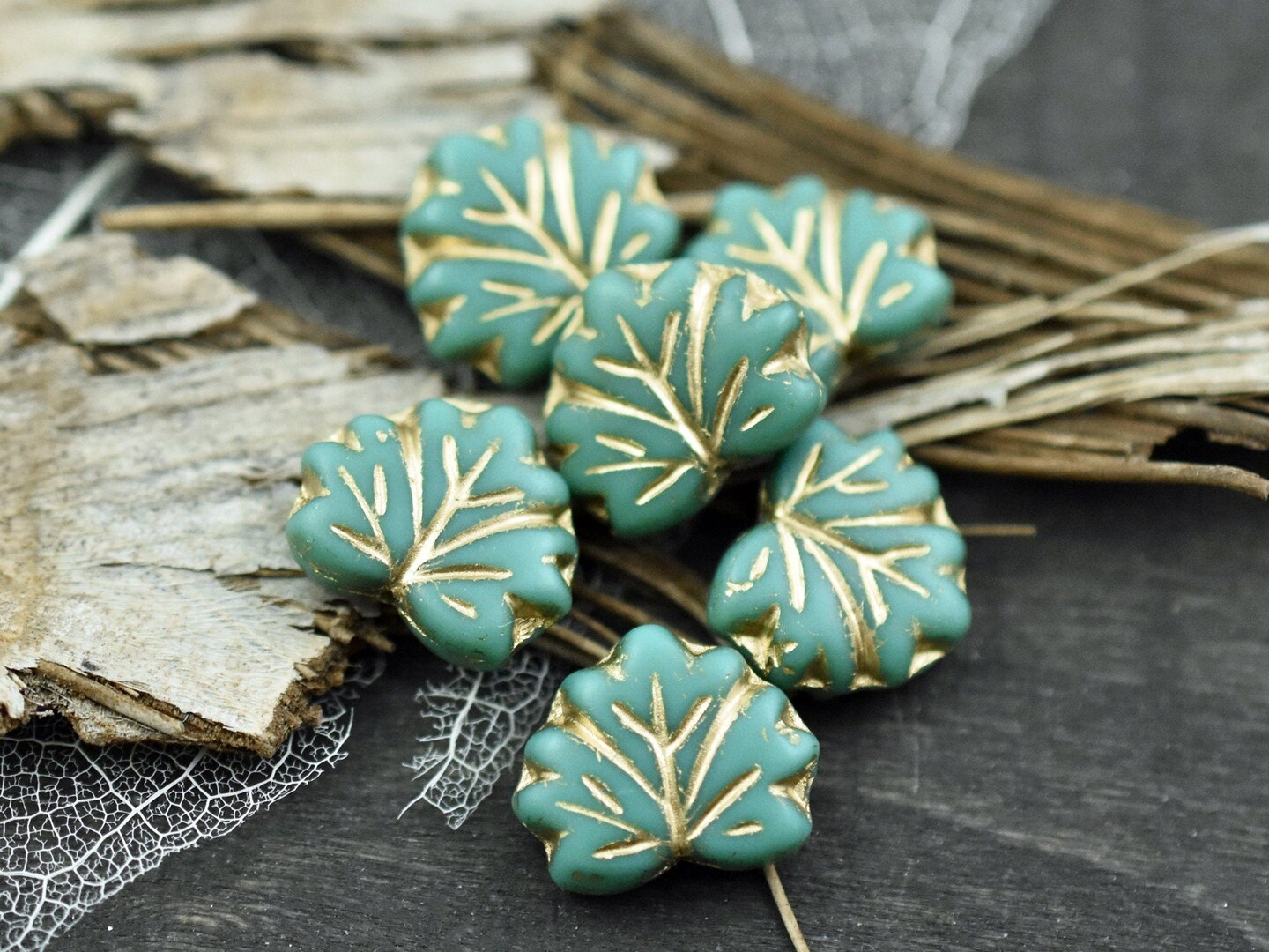 20* 13x11mm Platinum Washed Teal Maple Leaf Beads