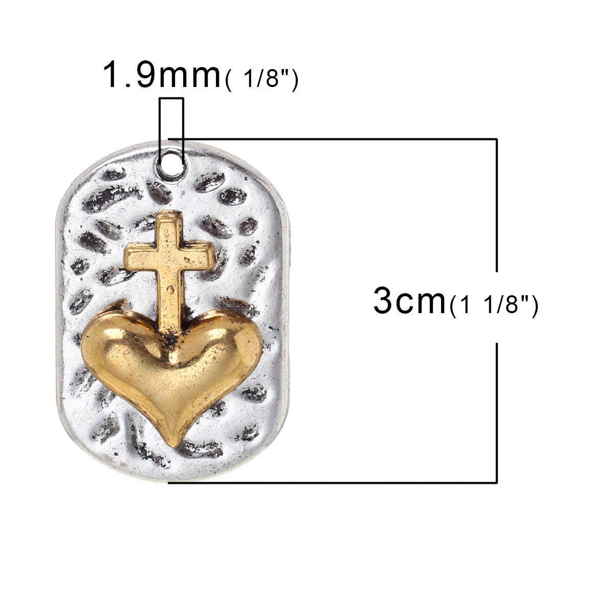 *2* 30x20mm Antique Silver w/ Gold Hammered Heart &#x26; Cross Dog Tag Charm Pendants