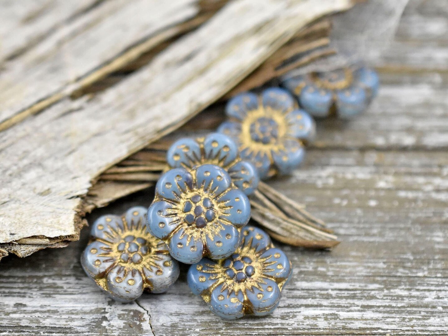 *6* 14mm Bronze Washed Blue Aqua Opaline Wildflower Beads