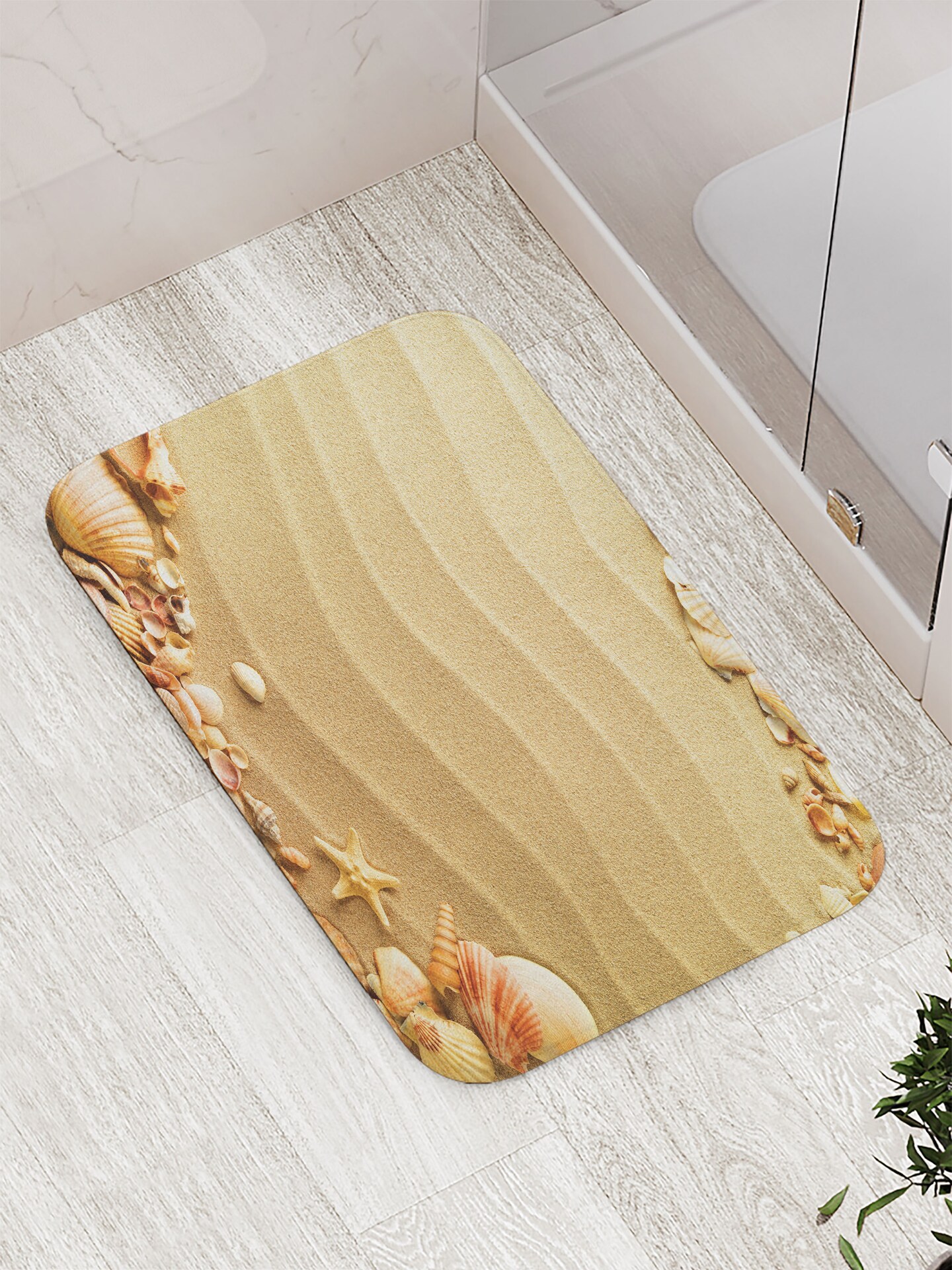 Ambesonne Beach Bath Mat, Nautical Composition with Sandy Beach Frame Surrounded by Various Sea Shells, Plush Bathroom Decor Mat with Non Slip Backing, 29.5&#x22; X 17.5&#x22;, Tan Sand