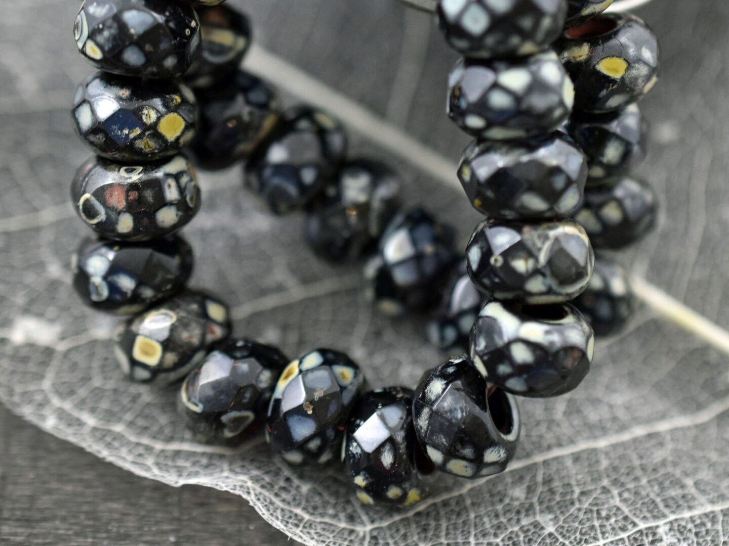 *25* 5x8mm Jet Picasso Faceted Large Hole Rondelle Roller Beads