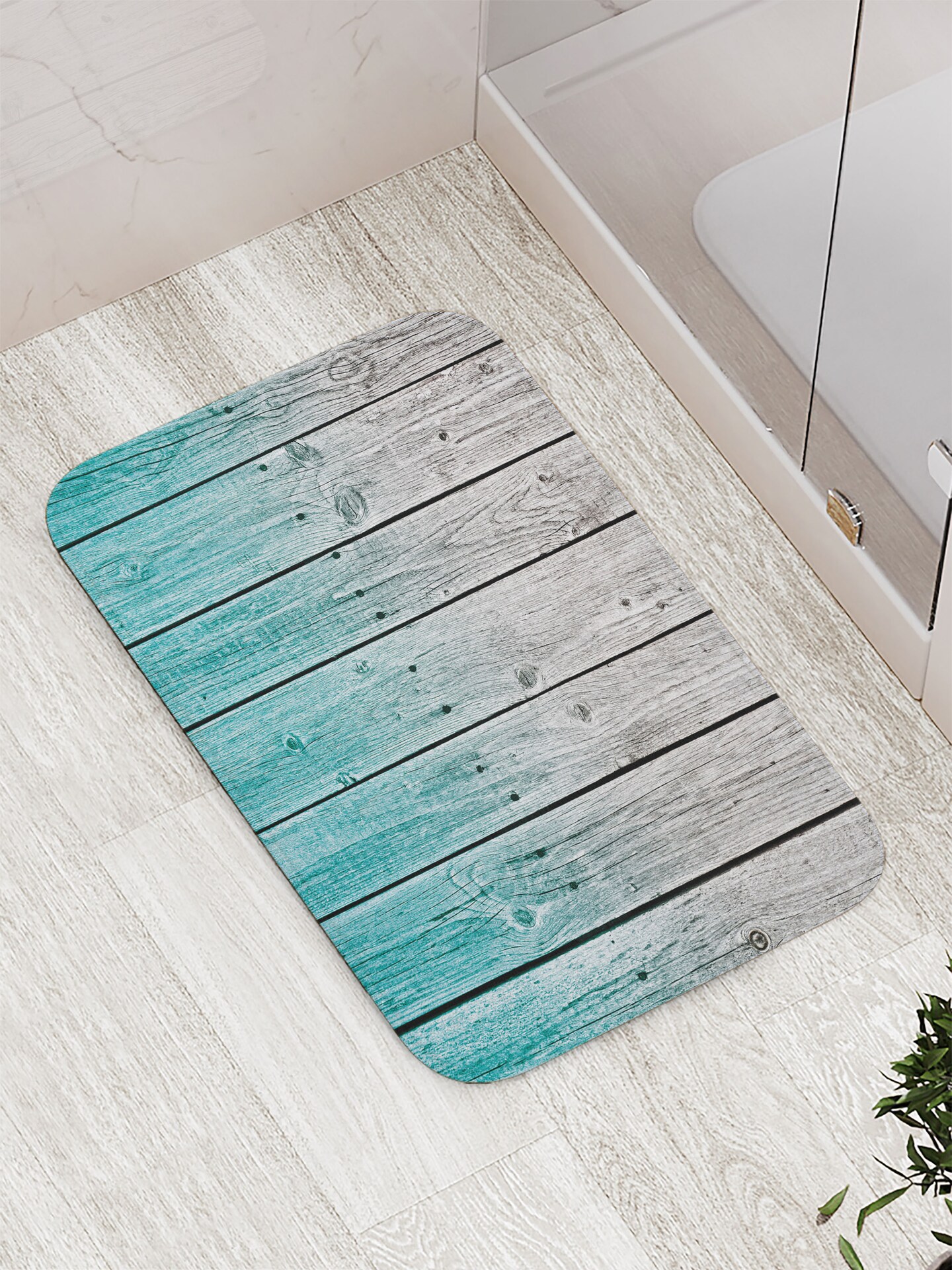 Ambesonne Rustic Bath Mat, Wood Panels Background with Digital Tones Effect Country House Art Image, Plush Bathroom Decor Mat with Non Slip Backing, 29.5&#x22; X 17.5&#x22;, Teal Grey