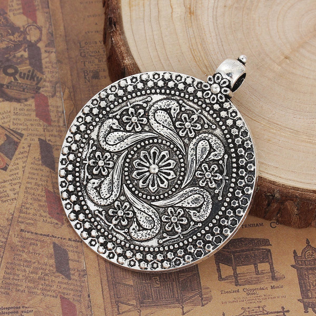 Antique Silver Boho Medallion Pendant 71x59mm