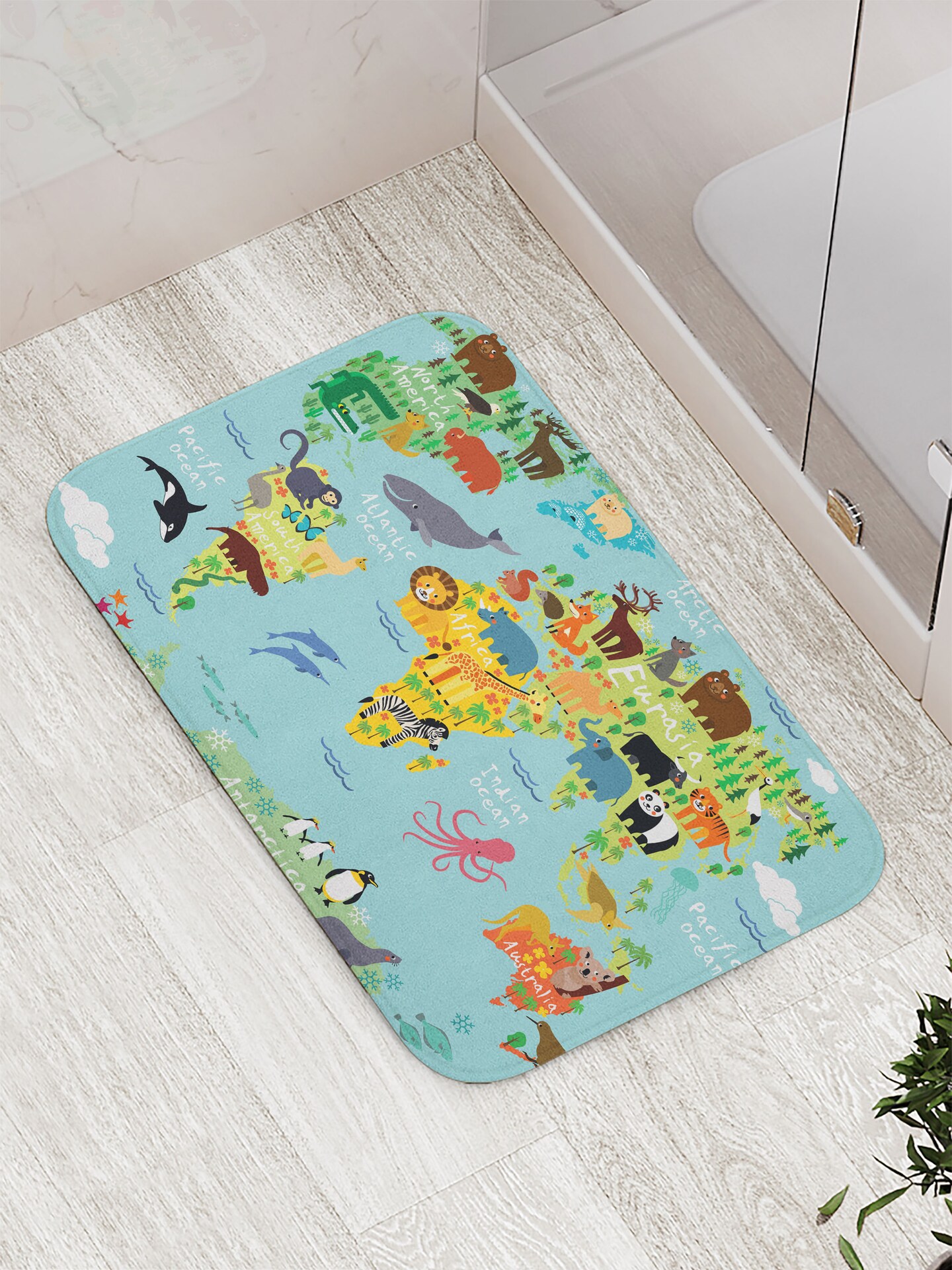 Ambesonne Wanderlust Bath Mat, Animal Map of The World for Children Kids Cartoon Mountains Forests, Plush Bathroom Decor Mat with Non Slip Backing, 29.5&#x22; X 17.5&#x22;, Pale Blue