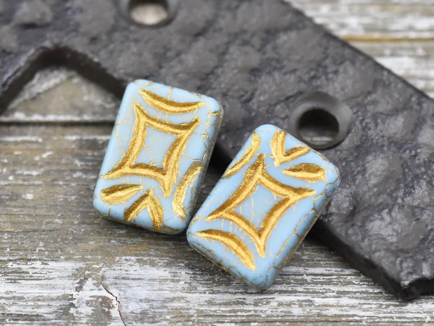 *2* 19x13mm Bronze Washed Matte Blue Turquoise Rectangle Beads