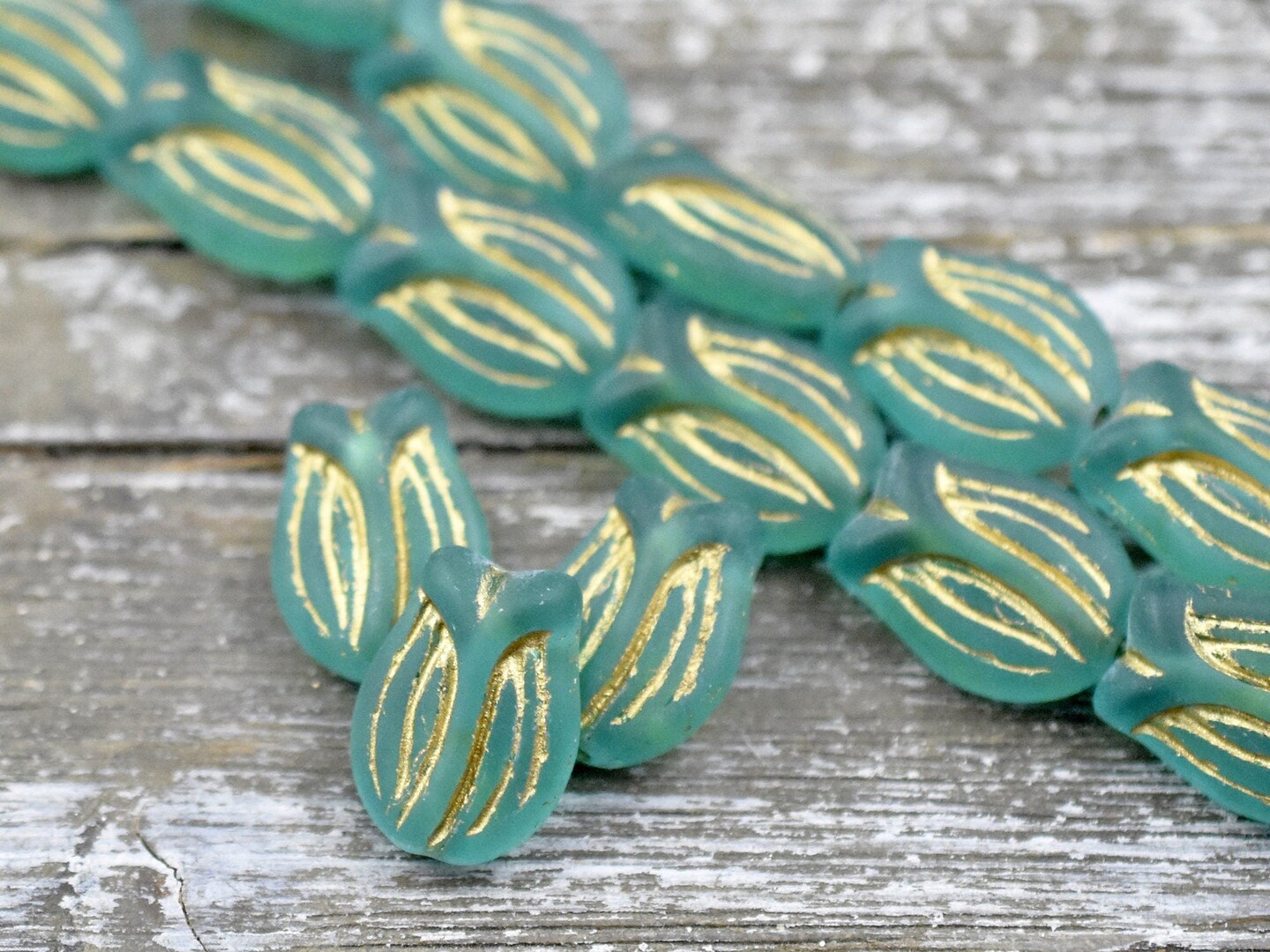 *6* 16x11mm Bronze Washed Matte Green Aqua Tulip Beads