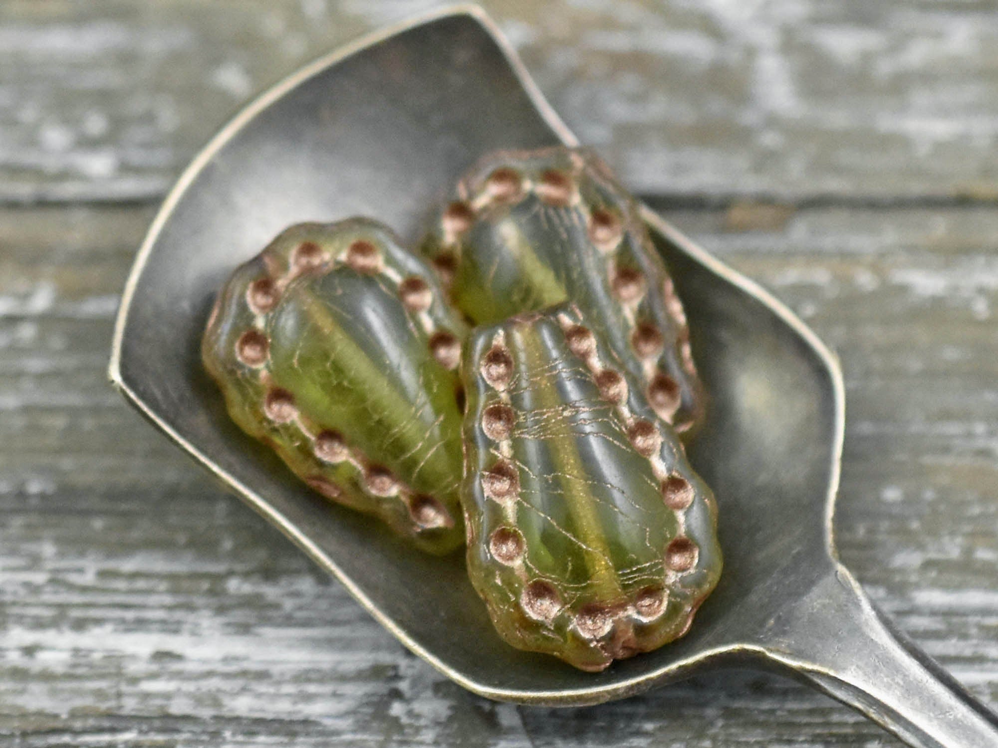 *6* 17x12mm Bronze Washed Olive Green Lacy Teardrop Beads