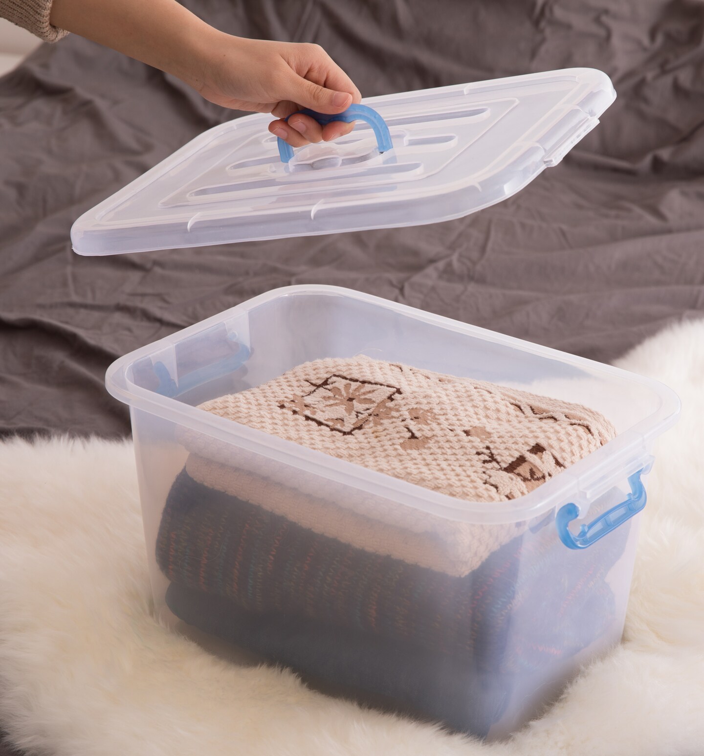 Large clear storage outlet bins with lids