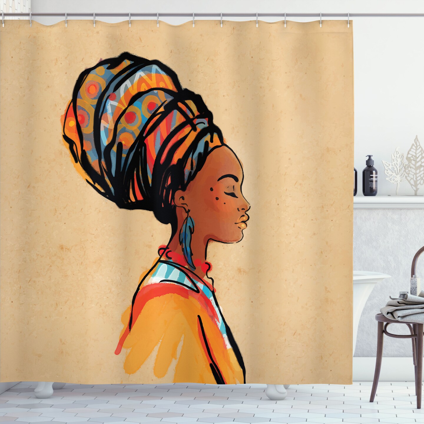 Ambesonne African Shower Curtain, Woman Exotic Feather Earring and Scarf Zulu Hippie Art, Cloth Fabric Bathroom Decor Set with Hooks, 69" W x 84" L, Caramel and Marigold