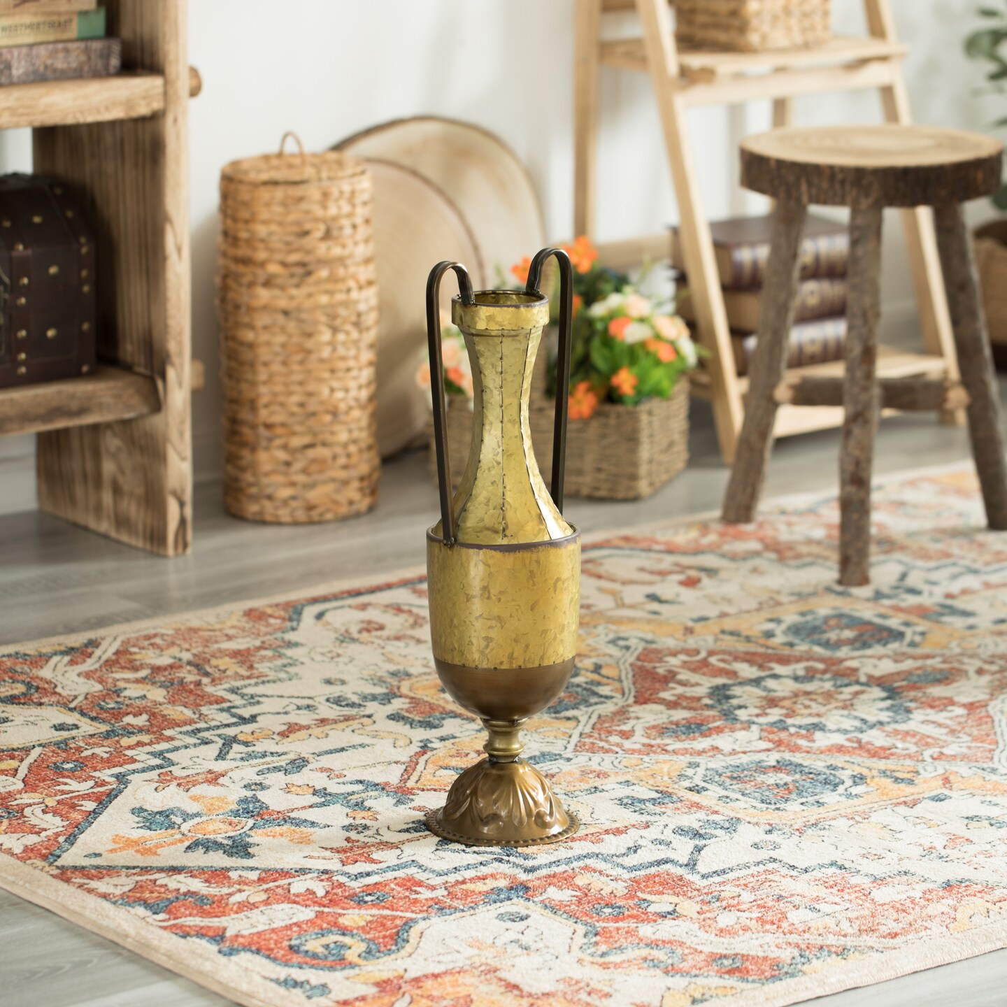 Decorative Antique Style Metal Jug Floor Vase with 2 Handles - Vintage Inspired Rustic Design for Entryway, Living Room, or Dining Room - Tall Elegant Home Decor Accent - Classic Metal Vase