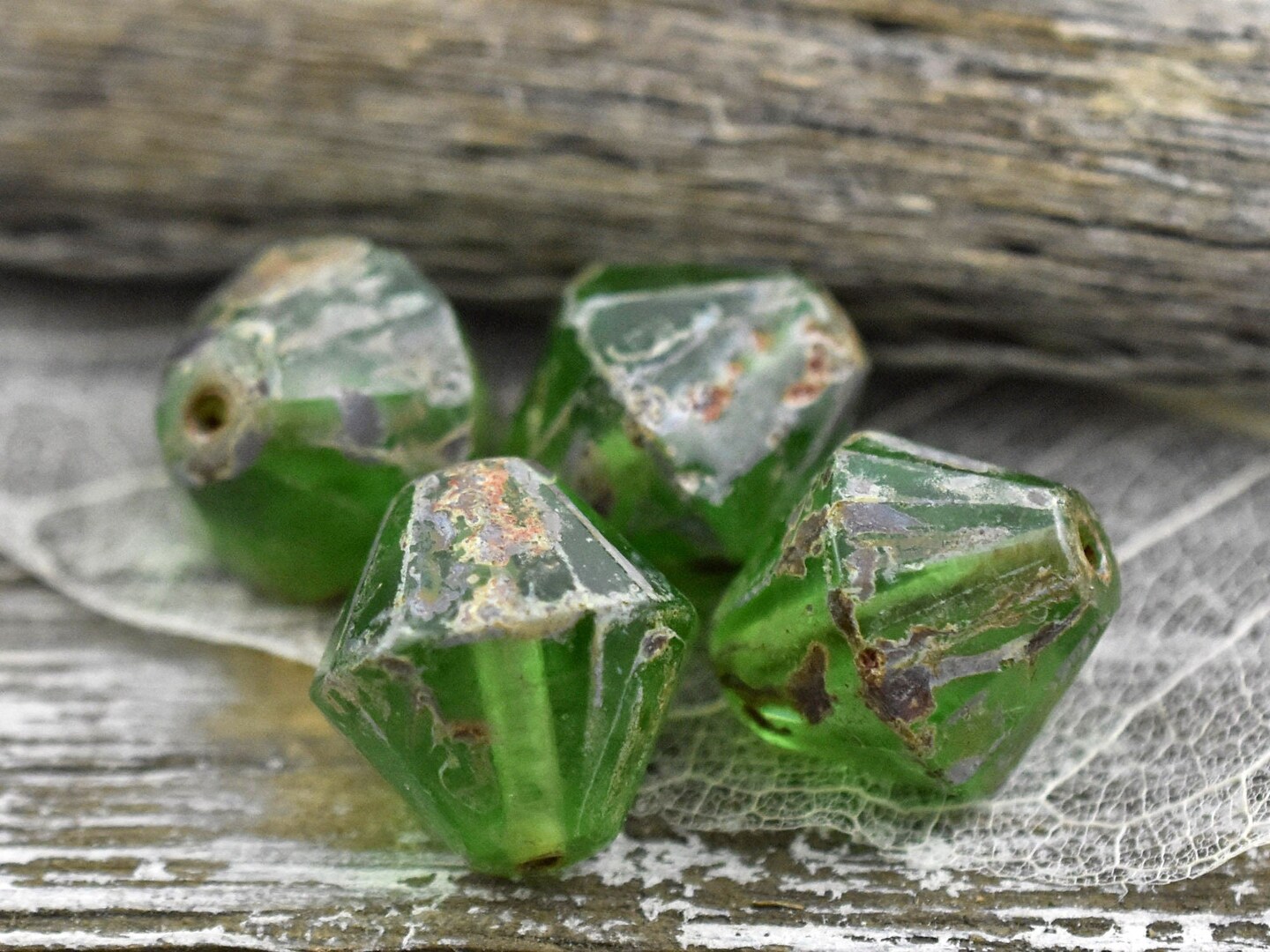 *6* 15mm Emerald Green Travertine Faceted Bicone Beads