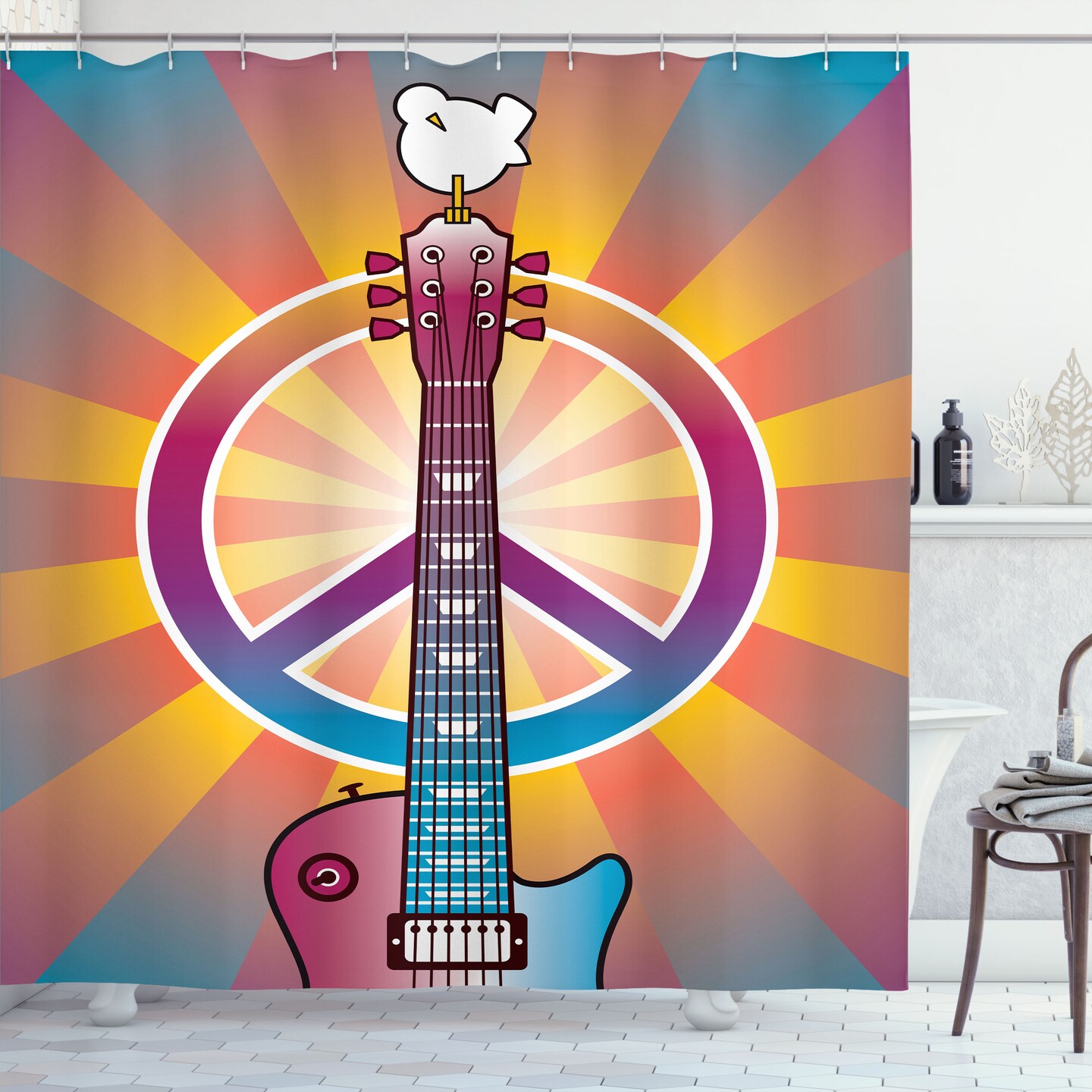 Ambesonne Retro Shower Curtain, Colorful Guitar and Peace and Dove Dedicated to The Woodstock Tribute, Cloth Fabric Bathroom Decor Set with Hooks, 69&#x22; W x 70&#x22; L, White Indigo Multicolor