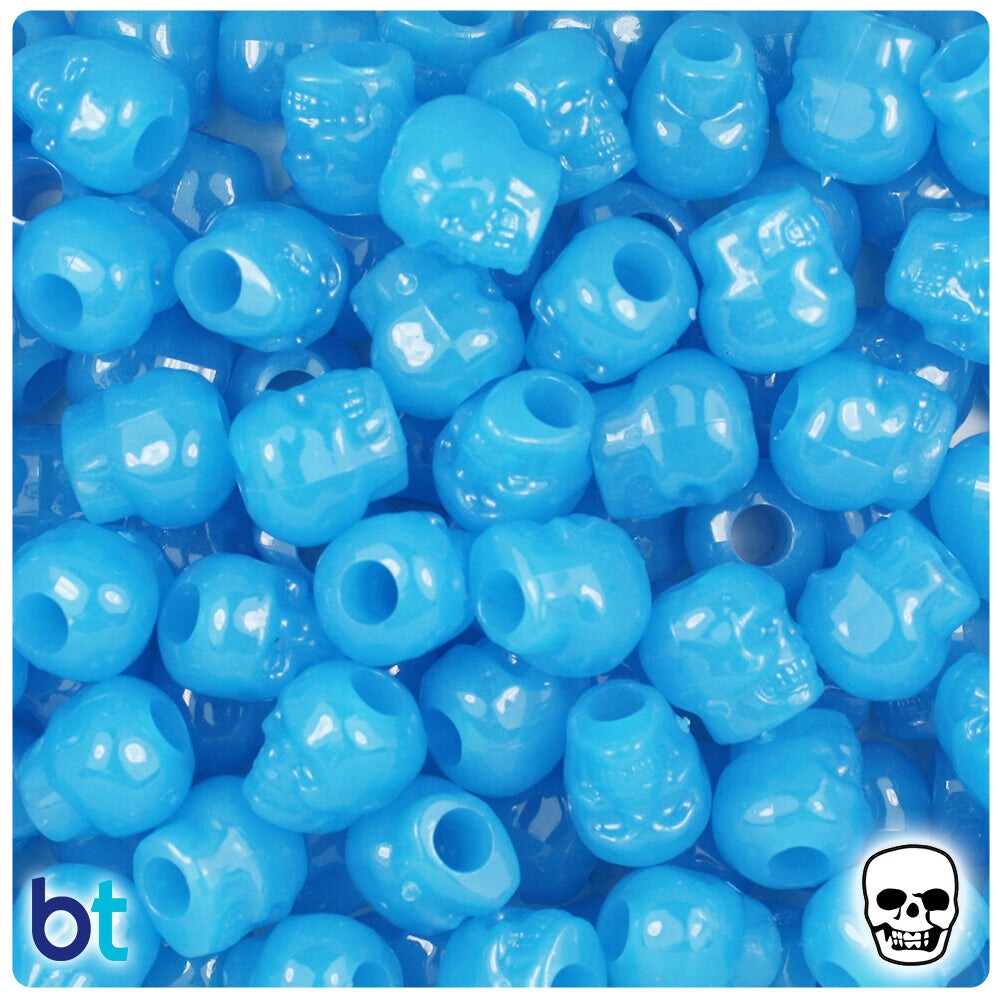 BeadTin Blue Glow 11mm Skull Plastic Pony Beads (150pcs)