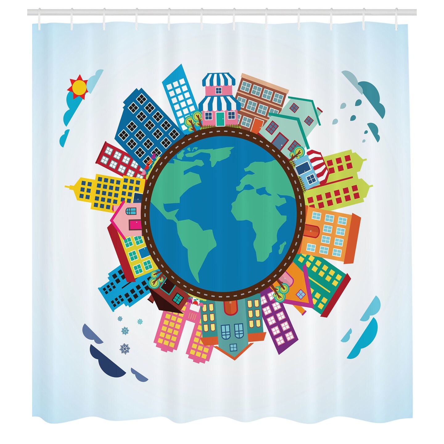 Ambesonne World Map Shower Curtain, Cartoon Illustration of Abstract Buildings Around The Globe Clouds, Cloth Fabric Bathroom Decor Set with Hooks, 69&#x22; W x 70&#x22; L, Multicolor