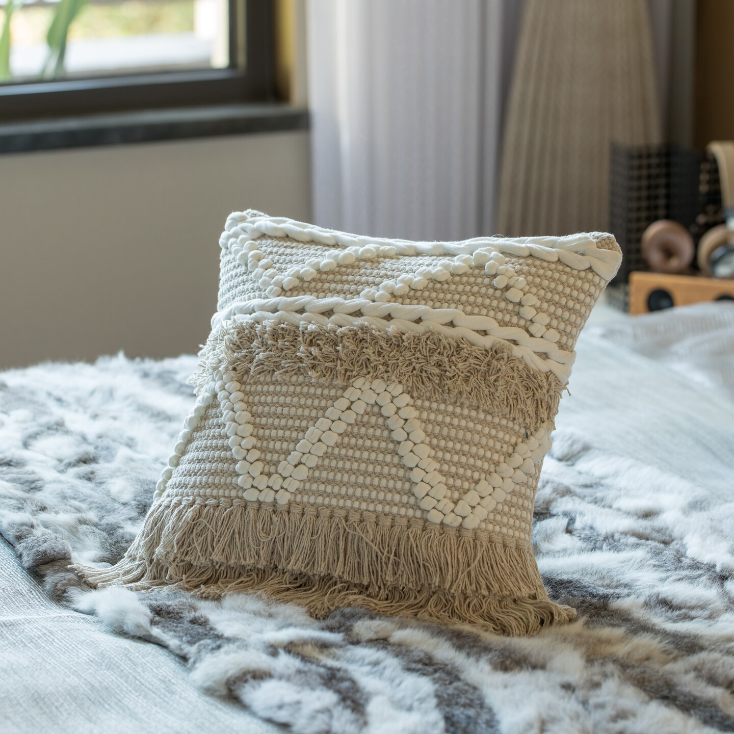 16&#x22; Handwoven Cotton Throw Pillow Cover with White Dot Pattern and Natural Tassel Fringe Lines