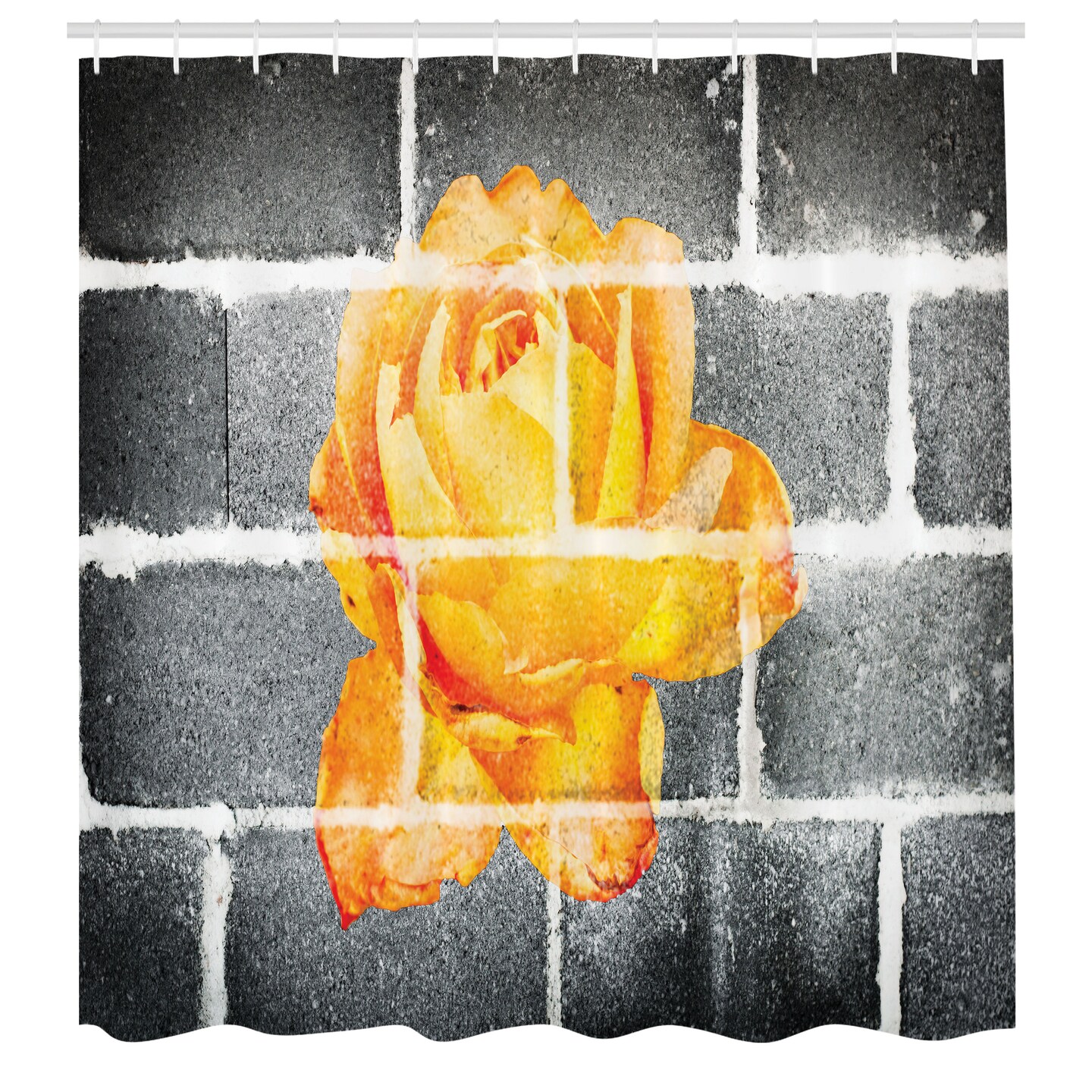 Ambesonne Rustic Flower Shower Curtain, Trippy Modern Graffiti with Rose Petals on The Brick Wall Urban City Life, Cloth Fabric Bathroom Decor Set with Hooks, 69&#x22; W x 70&#x22; L, Grey Orange