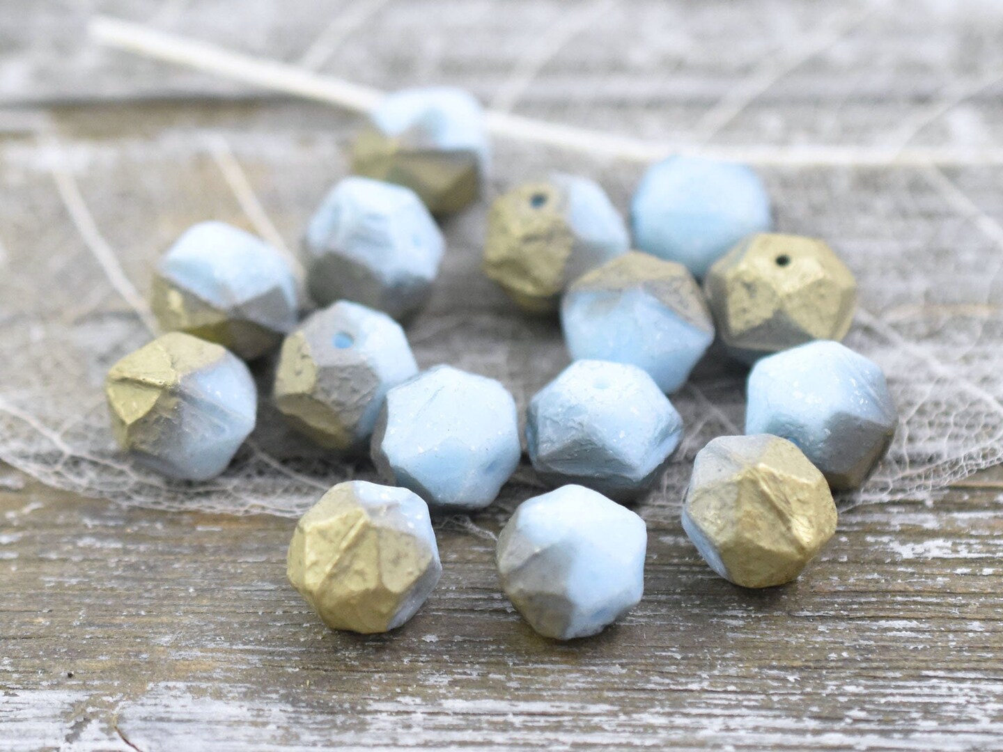 *10* 10mm Gold Etched Baby Blue  Antique Cut Round Beads