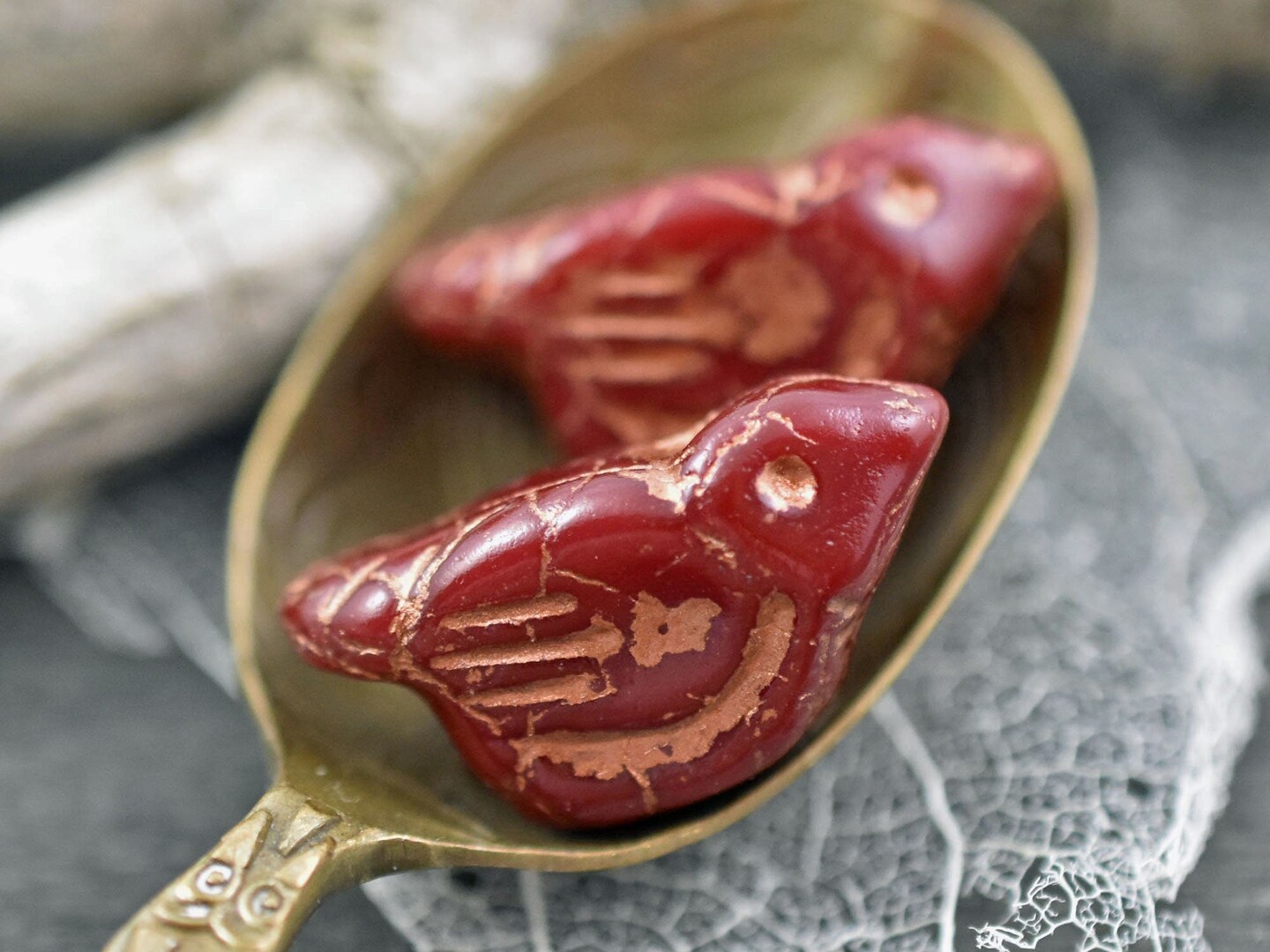 *6* 11x22mm Copper Washed Ruby Red Bird Beads