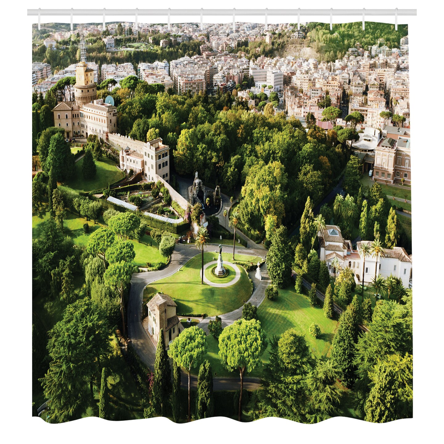 Ambesonne Italian Shower Curtain, European Historic Landmark with Famous Monument Picture Print, Cloth Fabric Bathroom Decor Set with Hooks, 69&#x22; W x 70&#x22; L, White Green Tan