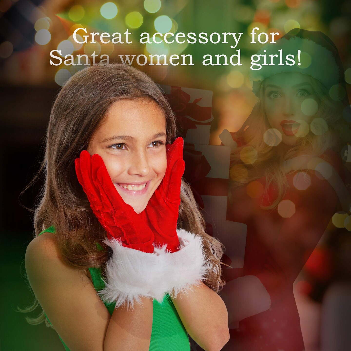 Red Fur Costume Gloves - Red Velvet Gloves with White Furry Cuff Accessories for Costumes for Women and Kids