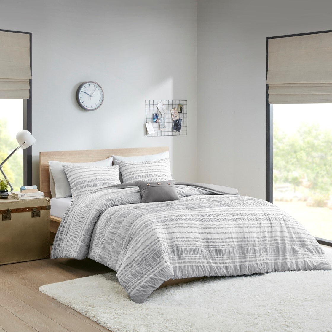 Gracie Mills Grey Striped Duvet Cover Set Modern Ruched Design Twin Queen Grace-14022