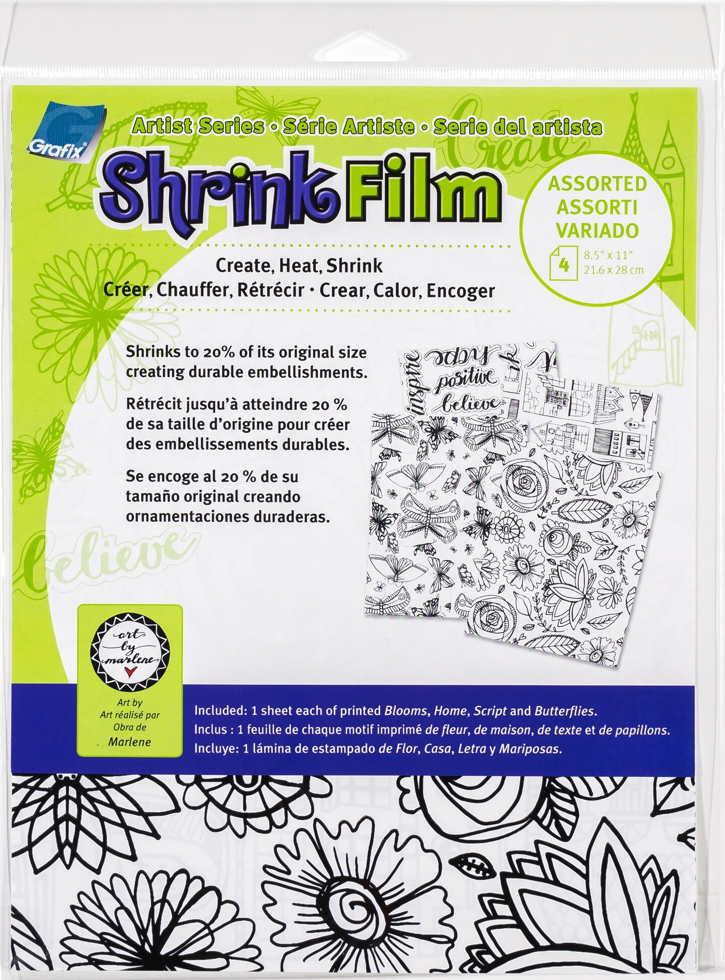 Grafix Artist Series Printed Shrink Film 8.5"X11" 4/Pkg-Bloom, Home, Script, Butterflies