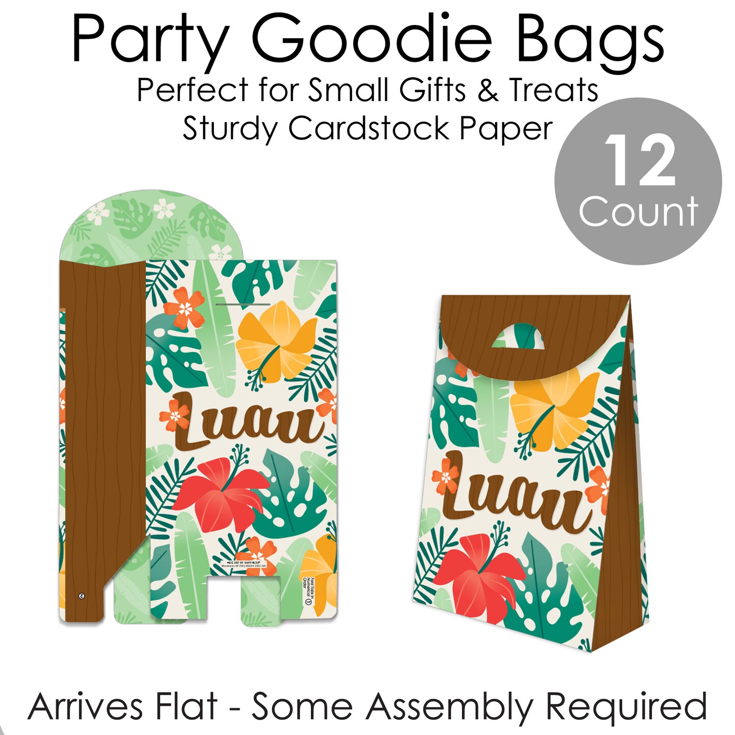 Big Dot of Happiness Tropical Luau - Hawaiian Beach Gift Favor Bags - Party Goodie Boxes - Set of 12