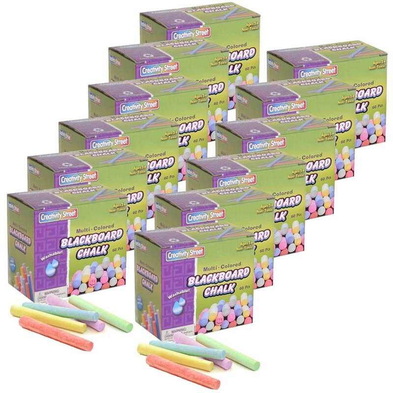 Blackboard Chalk, 5 Assorted Colors, 3/8&#x22; x 3-1/4&#x22;, 60 Pieces Per Pack, 12 Packs