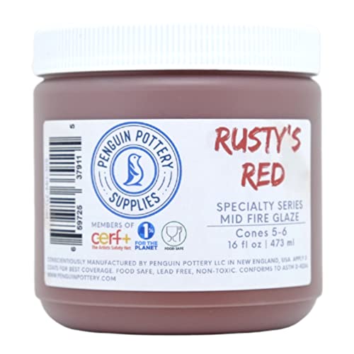 Penguin Pottery - Specialty Series - Rusty's Red - Mid Fire Glaze, High Fire Glaze, Cone 5-6 for Mid Fire Clay, High Fire Clay - Ceramic Glaze Pottery (1 Pint | 16 oz | 473 ml)