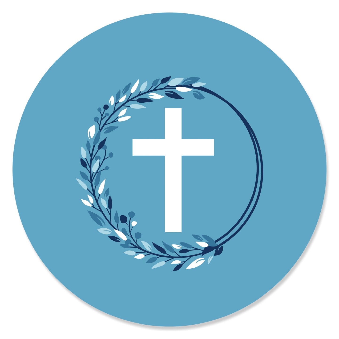 Big Dot of Happiness Blue Elegant Cross - Boy Religious Party Circle Sticker Labels - 24 Count