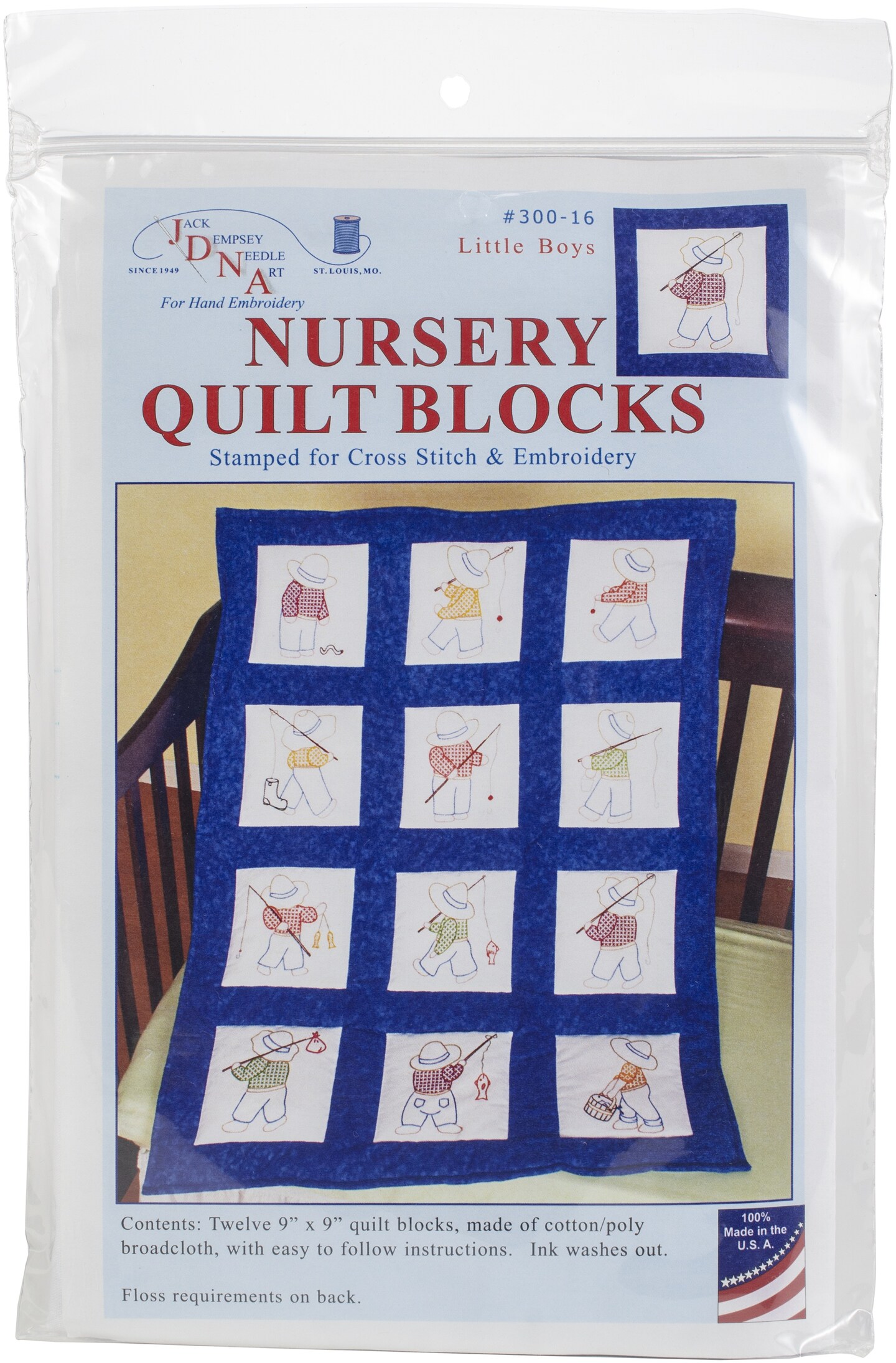 Jack Dempsey Stamped White Nursery Quilt Blocks 9"X9" 12/pkg-Little Boys
