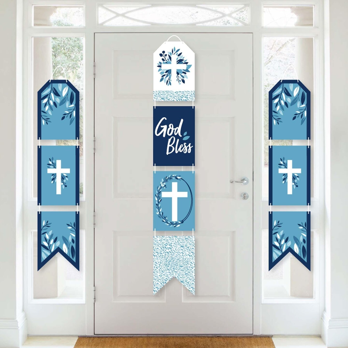 Big Dot of Happiness Blue Elegant Cross - Hanging Vertical Paper Door Banners - Boy Religious Party Wall Decoration Kit - Indoor Door Decor