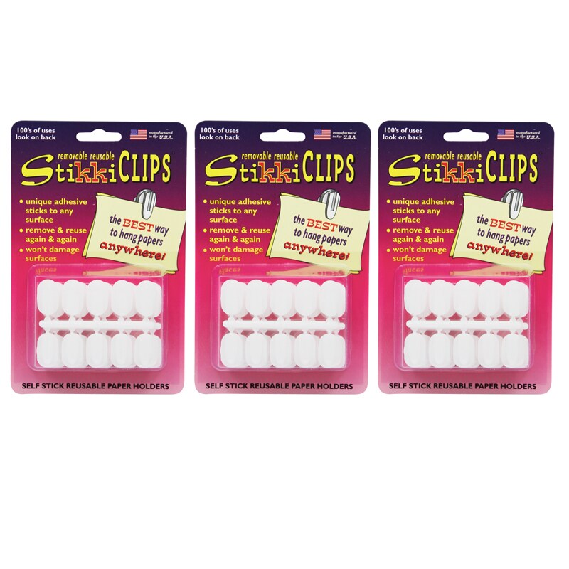 StikkiCLIPS&#x2122; Adhesive Clips, White, 30 Per Pack, 3 Packs