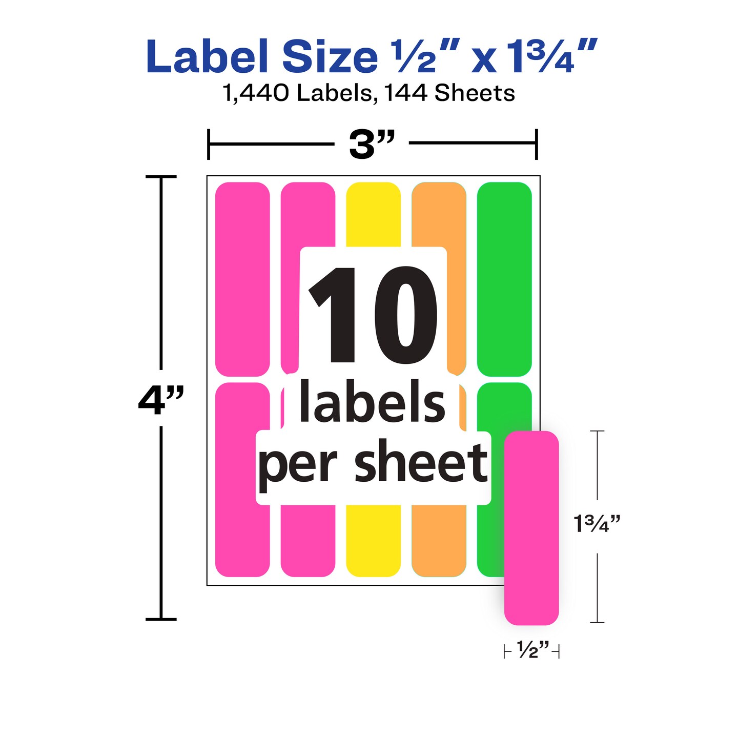 Avery Color-Coding Removable Labels, 1/2&#x22; x 1-3/4&#x22;, Assorted Neon Colors, Non-Printable, 8 Packs, 1,440 Blank Labels Total (21929)