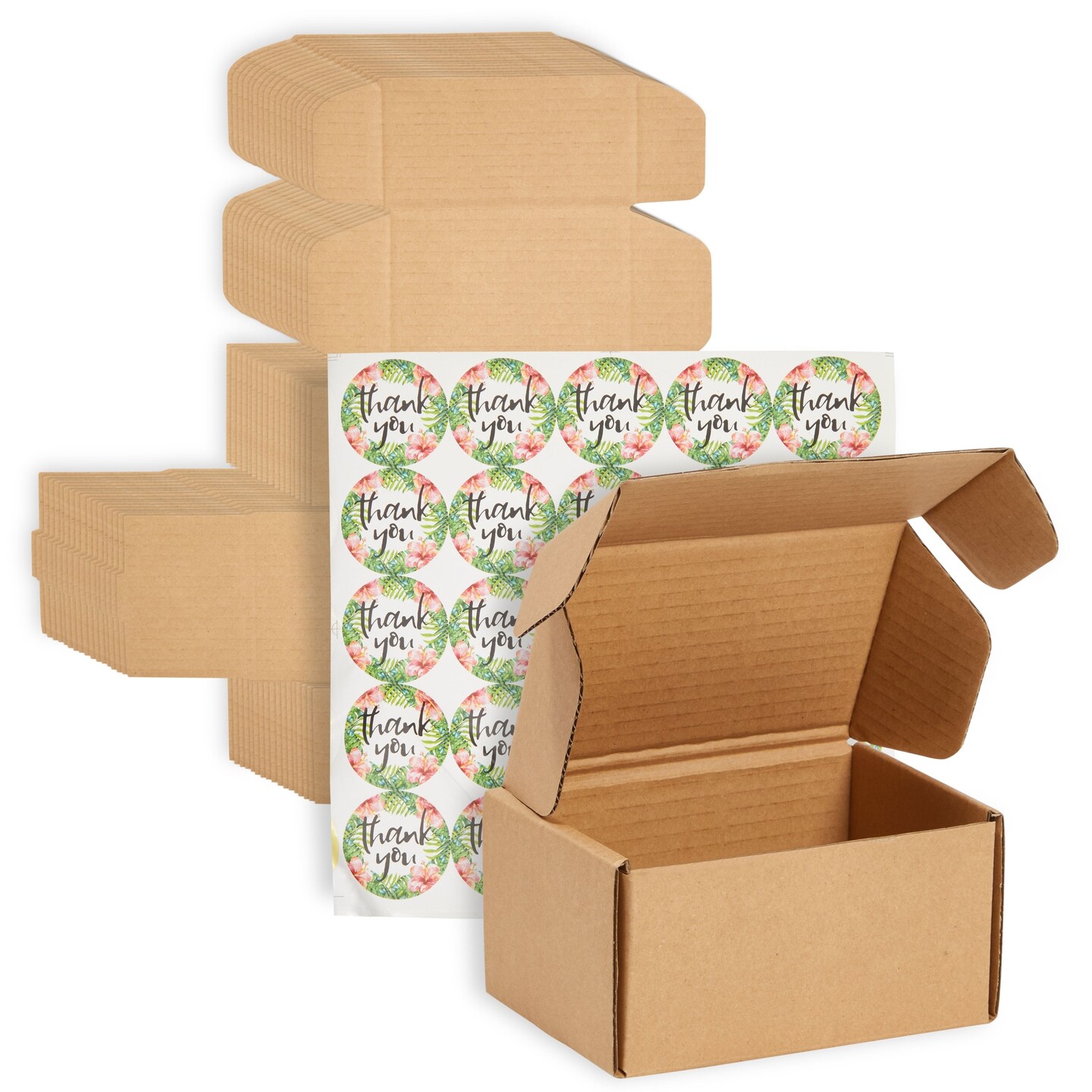 25 Pack Corrugated Shipping Boxes 6x4x3 inch with Thank You Stickers, Kraft Cardboard Packaging Mailer